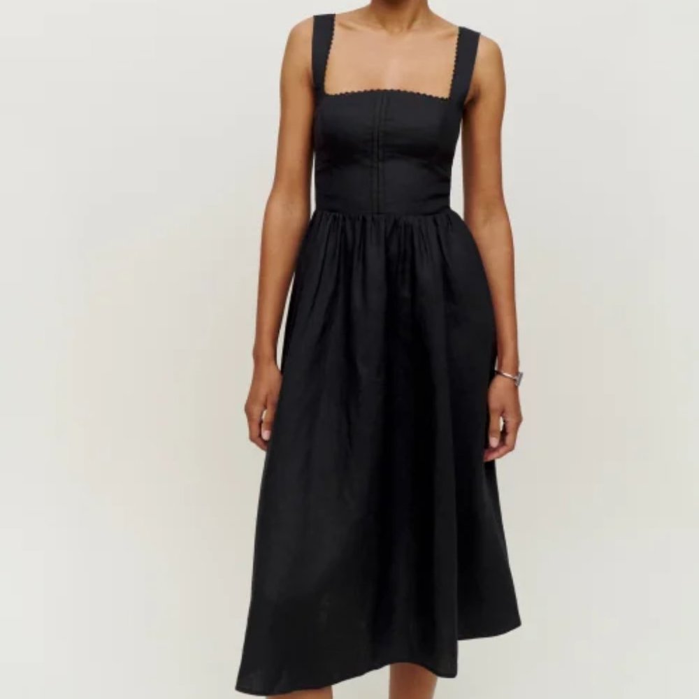 Reformation Tagliatelle Linen Dress in Black Sleeveless Midi Brand New